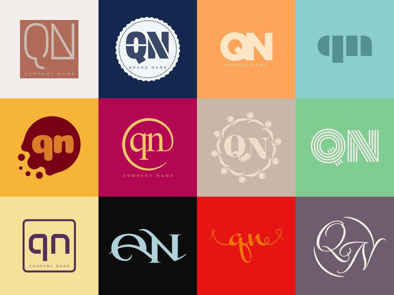 QN logo company template. Letter q and n logotype. Set different classic serif lettering and modern bold text with design elements. Initial font typography. vector