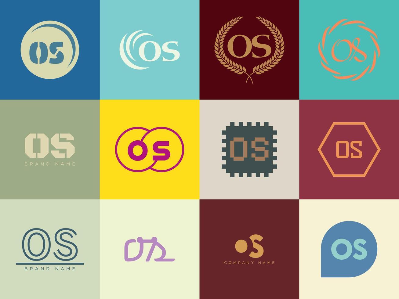 OS logo template. Letter o and s logotype. Set different classic serif lettering and modern bold text with design elements. Initial font typography. vector