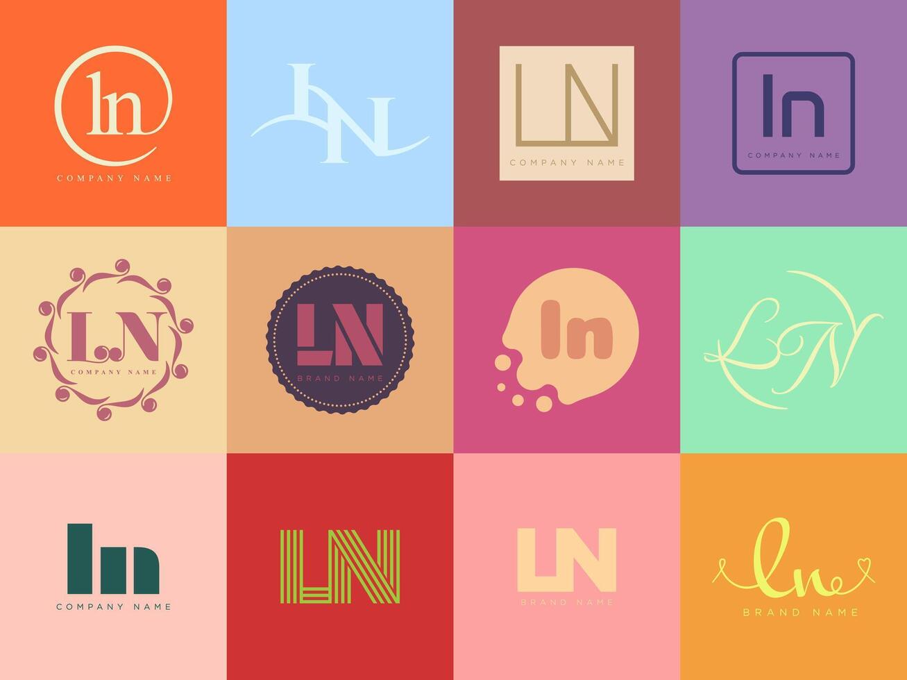 LN logo company template. Letter l and n logotype. Set different classic serif lettering and modern bold text with design elements. Initial font typography. vector