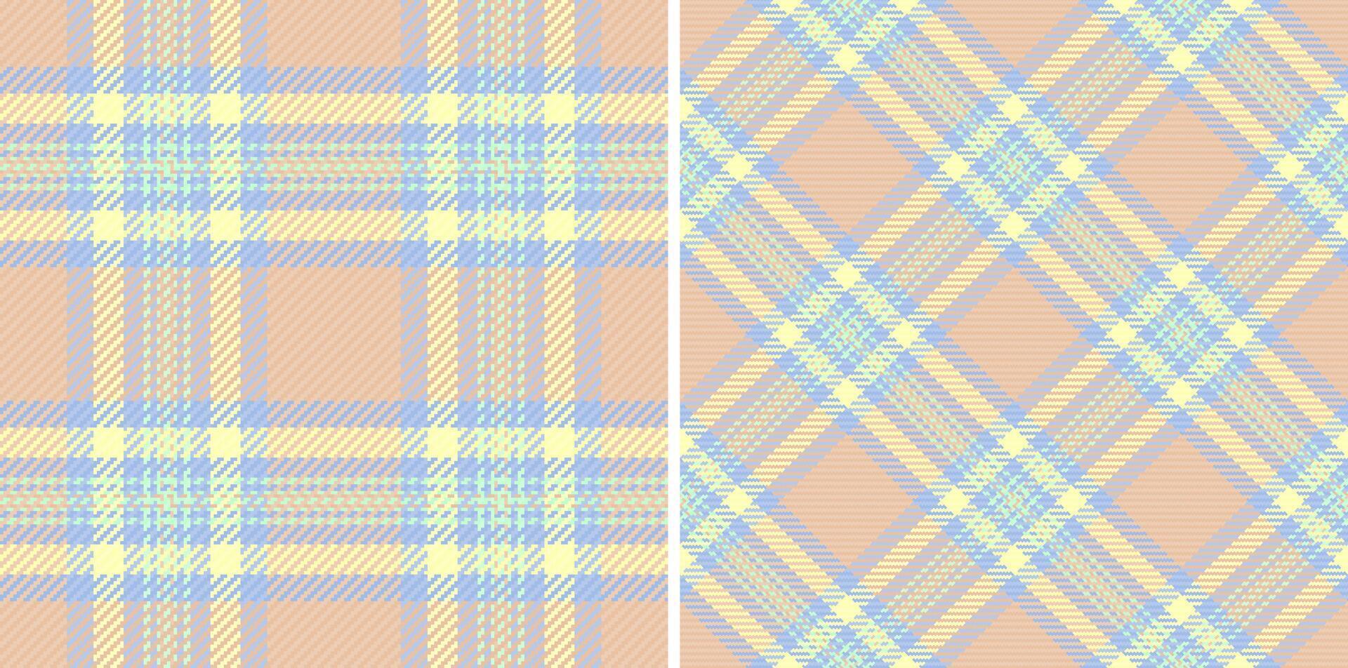 Pastel plaid pattern. Soft hues of peach, yellow, and blue create a gentle, woven texture. Ideal for backgrounds, textiles, or designs needing a subtle, classic touch. vector