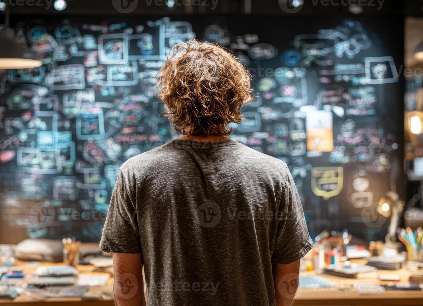 Software developer analyzing flowchart on blackboard in modern office photo