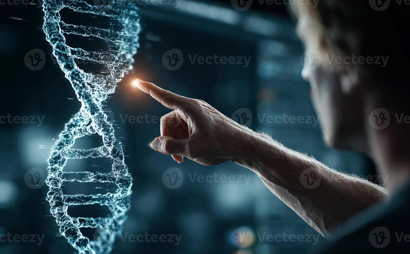 Scientist touching futuristic dna double helix on interactive screen photo