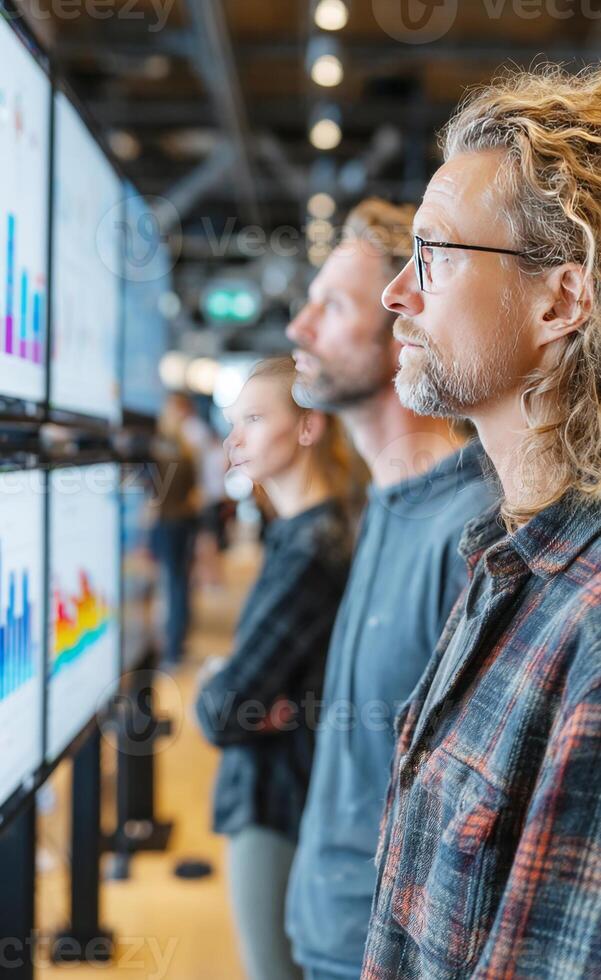 Team analyzing financial data on multiple large screens photo