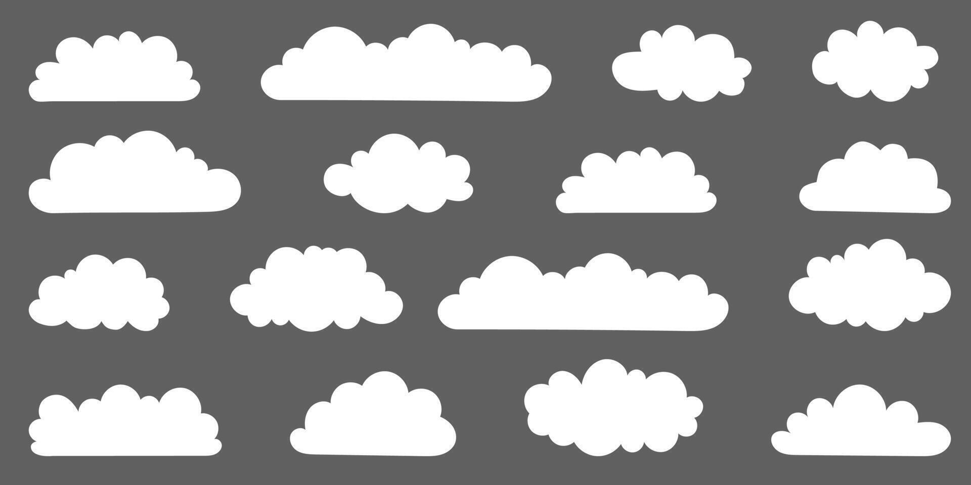 A collection of white cloud illustrations on a gray background. set of cartoon clouds in flat design. Cloud icon set. vector