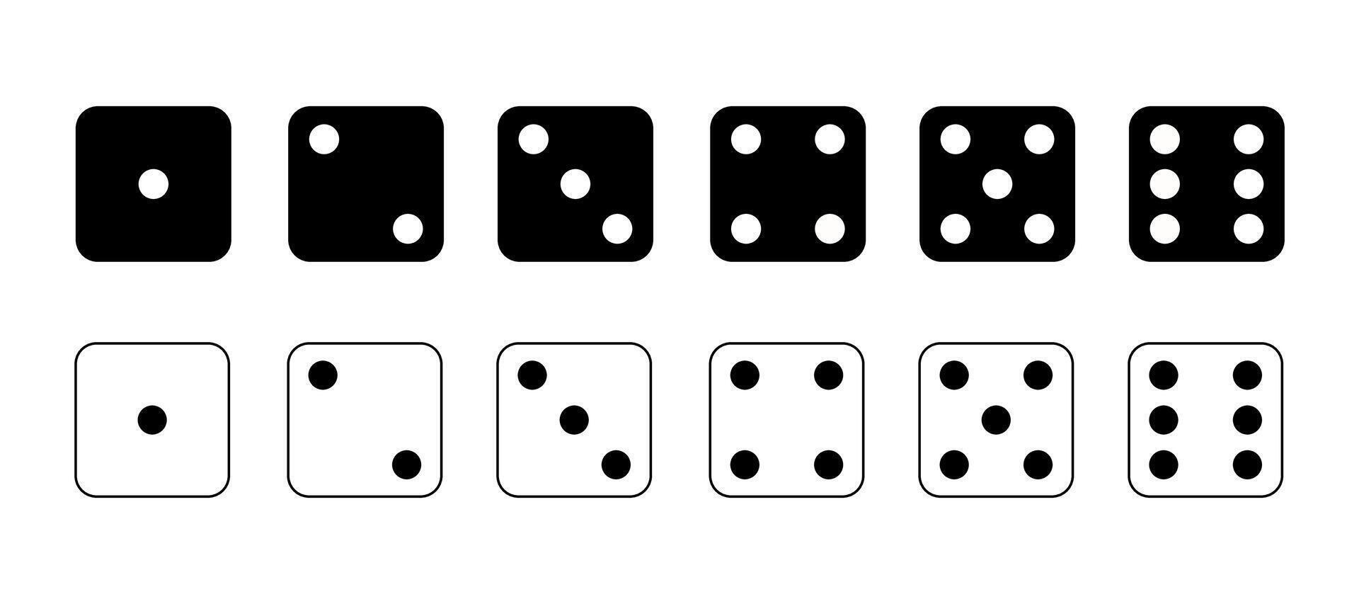Game dice Icon with side of cube from one to six number. Set of black and white icon sided for gamble. Dot on cube of casino. vector