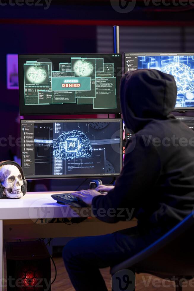 Hacker seeing access denied message on PC monitors while trying to breach company systems. Rogue programmer getting rejected when trying to infiltrate enterprise networks, failing to crack password photo