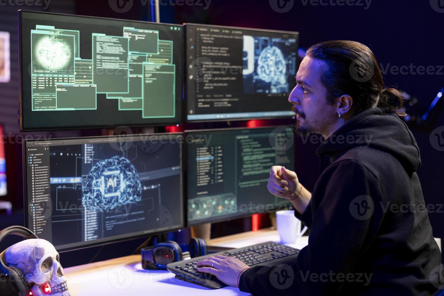 Hacker using malicious virus and artificial intelligence to compromise devices and digital networks, gaining passwords. Man using machine learning tech, stealing and illegally selling data online photo