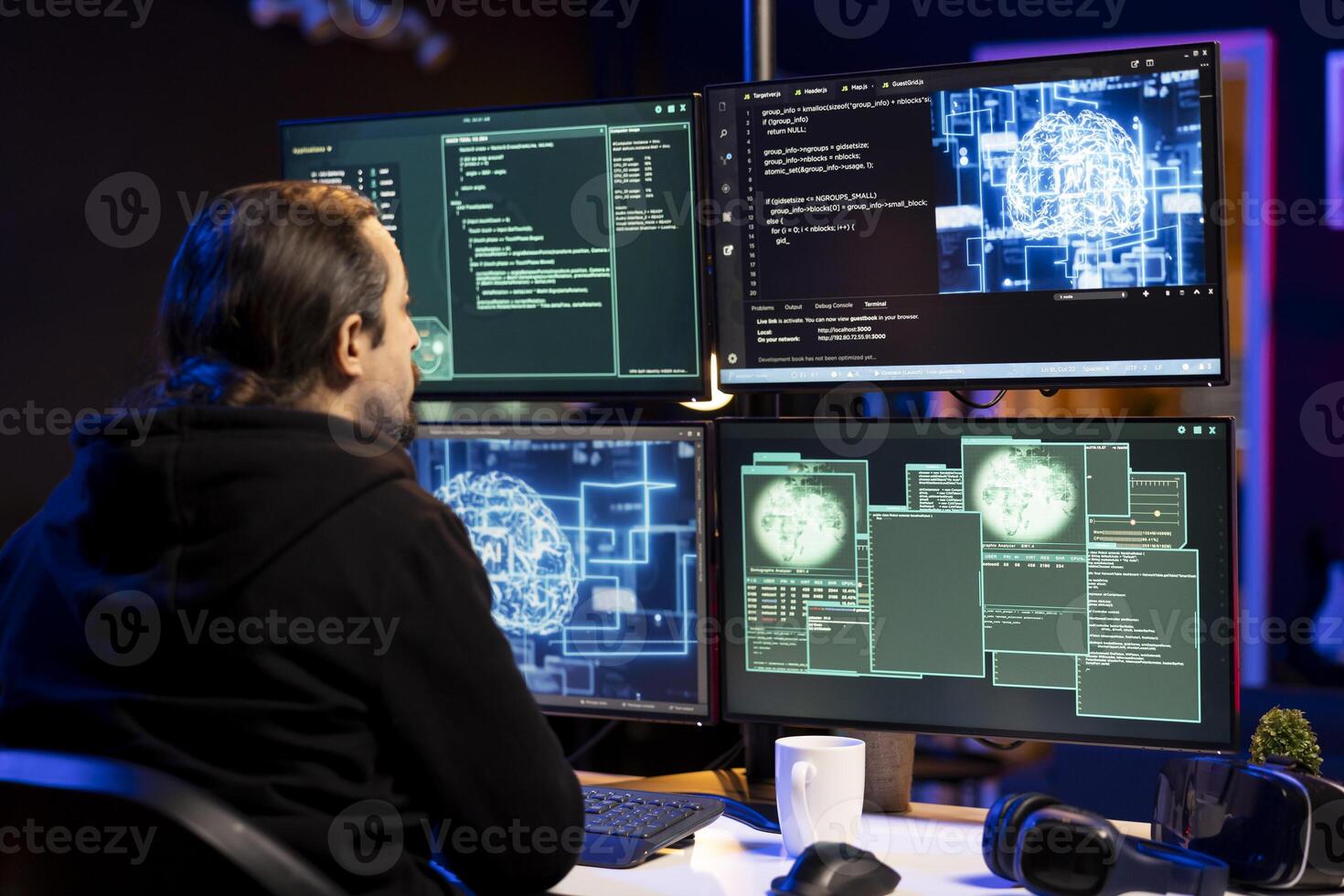 Hacker using AI machine learning to bypass firewalls, launching DDoS attacks on companies websites. Rogue technician using neural networks tech to make malware scripts that can crash servers photo