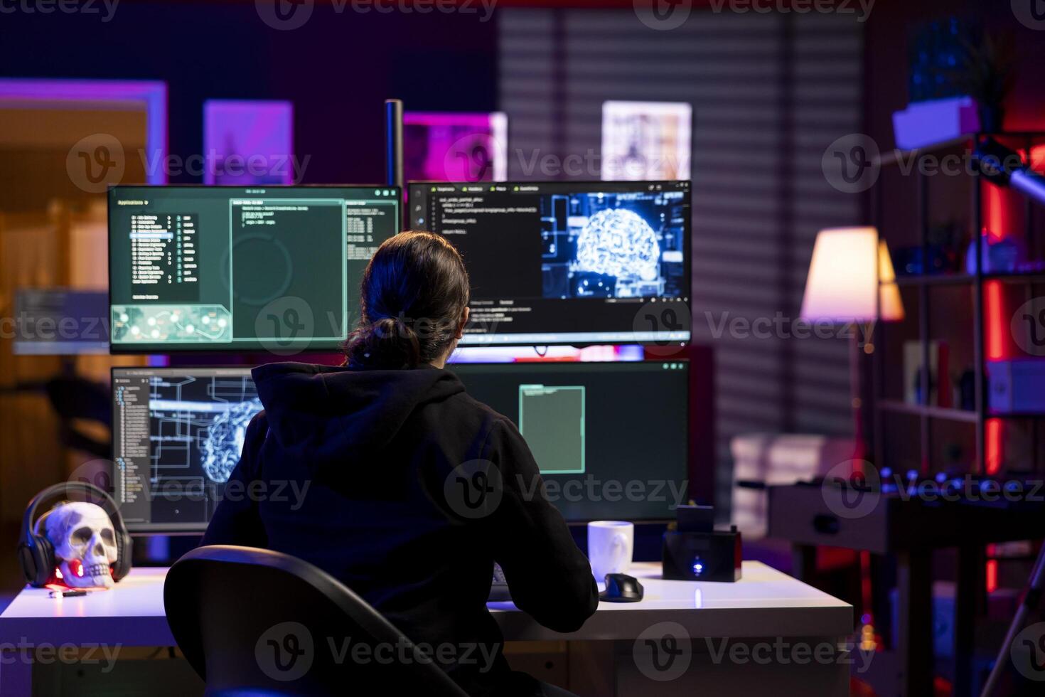 Hacker doing ransomware attacks using artificial intelligence to hold company systems hostage and demand large payments. Man using machine learning to hack enterprise networks, encrypting files photo