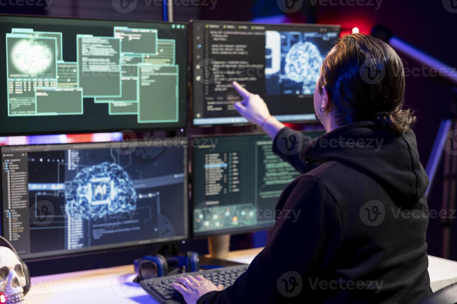 Close up of hacker in secret lair using AI to break into secure computer systems and bypass security. Rogue engineer uses deep learning to attack weak spots in company networks rogue photo