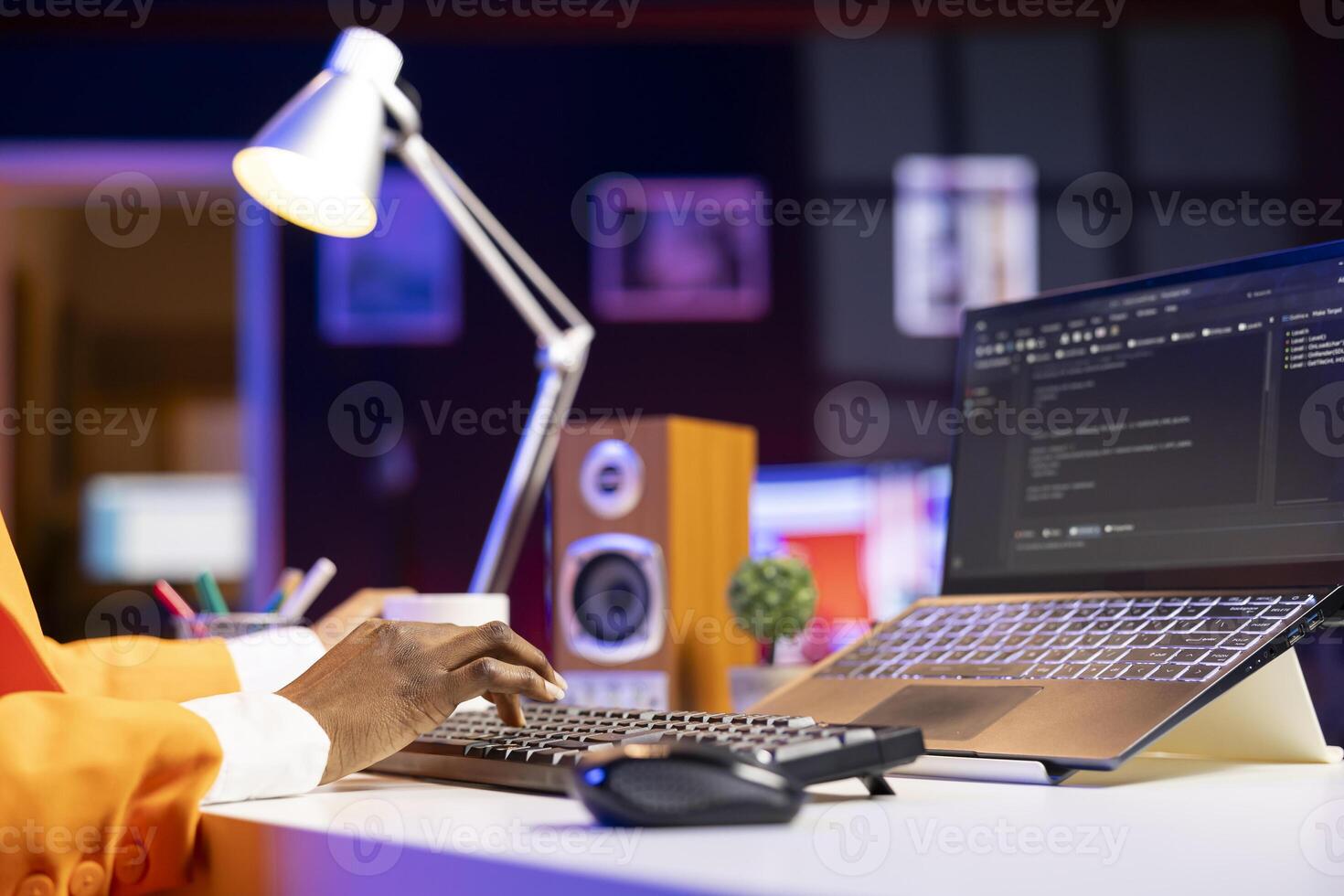 Coder at laptop programming, writing lines of code, using development tools, feeling stressed. Woman in home office having deadline, stressed to finish debugging software on notebook, close up photo