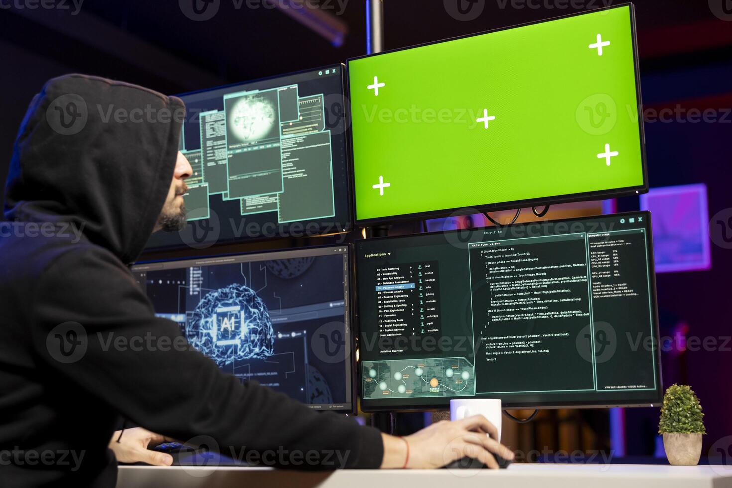 Hacker in secret lair using AI on green screen mockup PC to break into secure computer systems. Rogue engineer uses deep learning on chroma key computer to attack weak spots in company networks photo