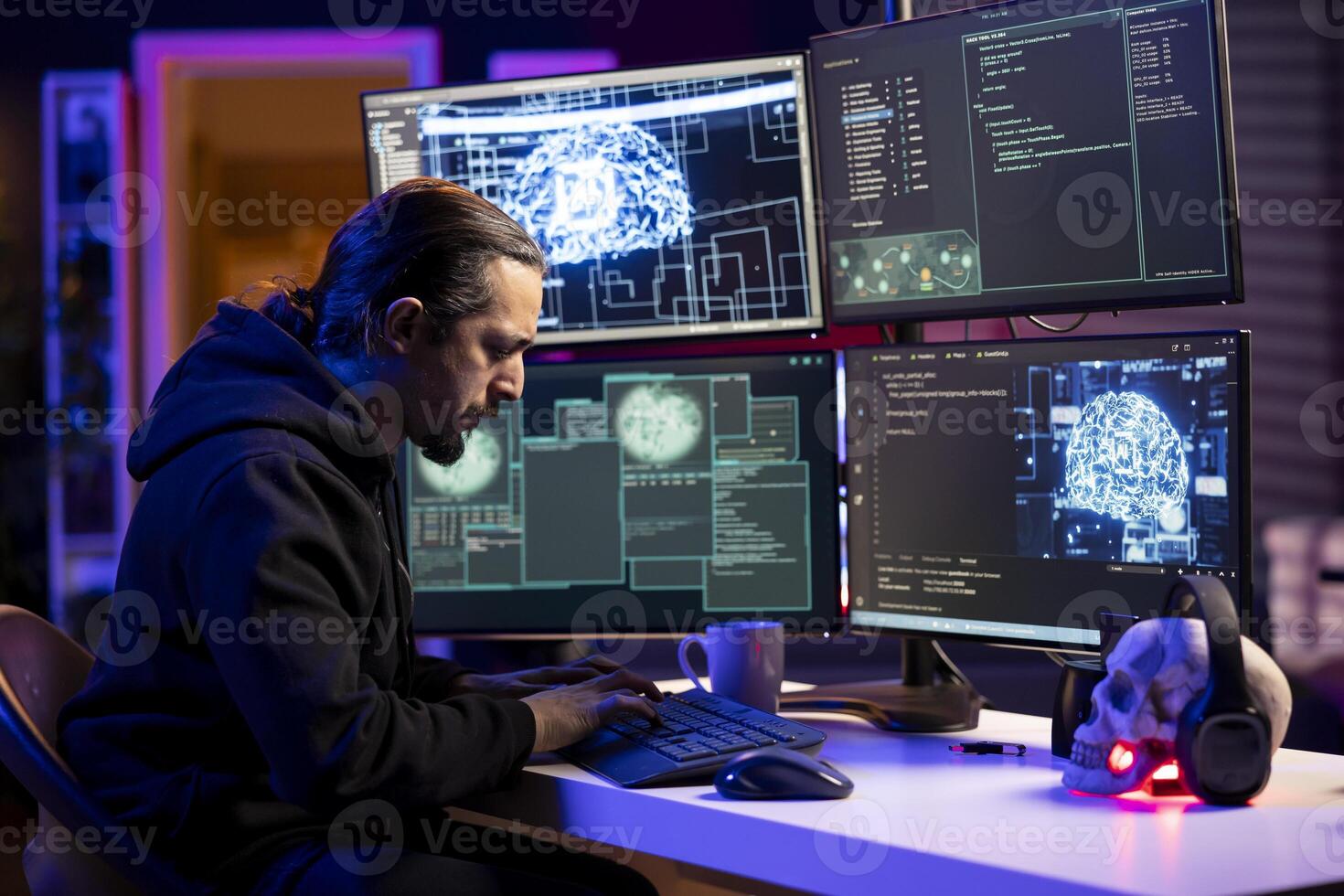 Hacker doing phishing attacks using artificial intelligence, tricking users into revealing credit card data. Man launching DDoS attacks using machine learning, flooding servers to crash websites photo