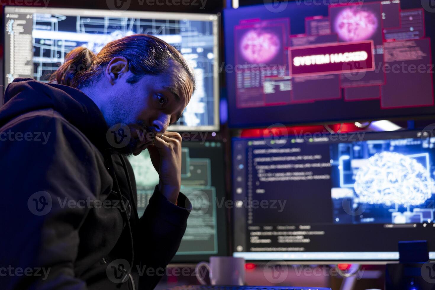 Hacker in underground lair using AI on on computer to break into systems and access restricted data. Rogue technician at desk using deep learning and VPN on dark web to steal sensitive information photo