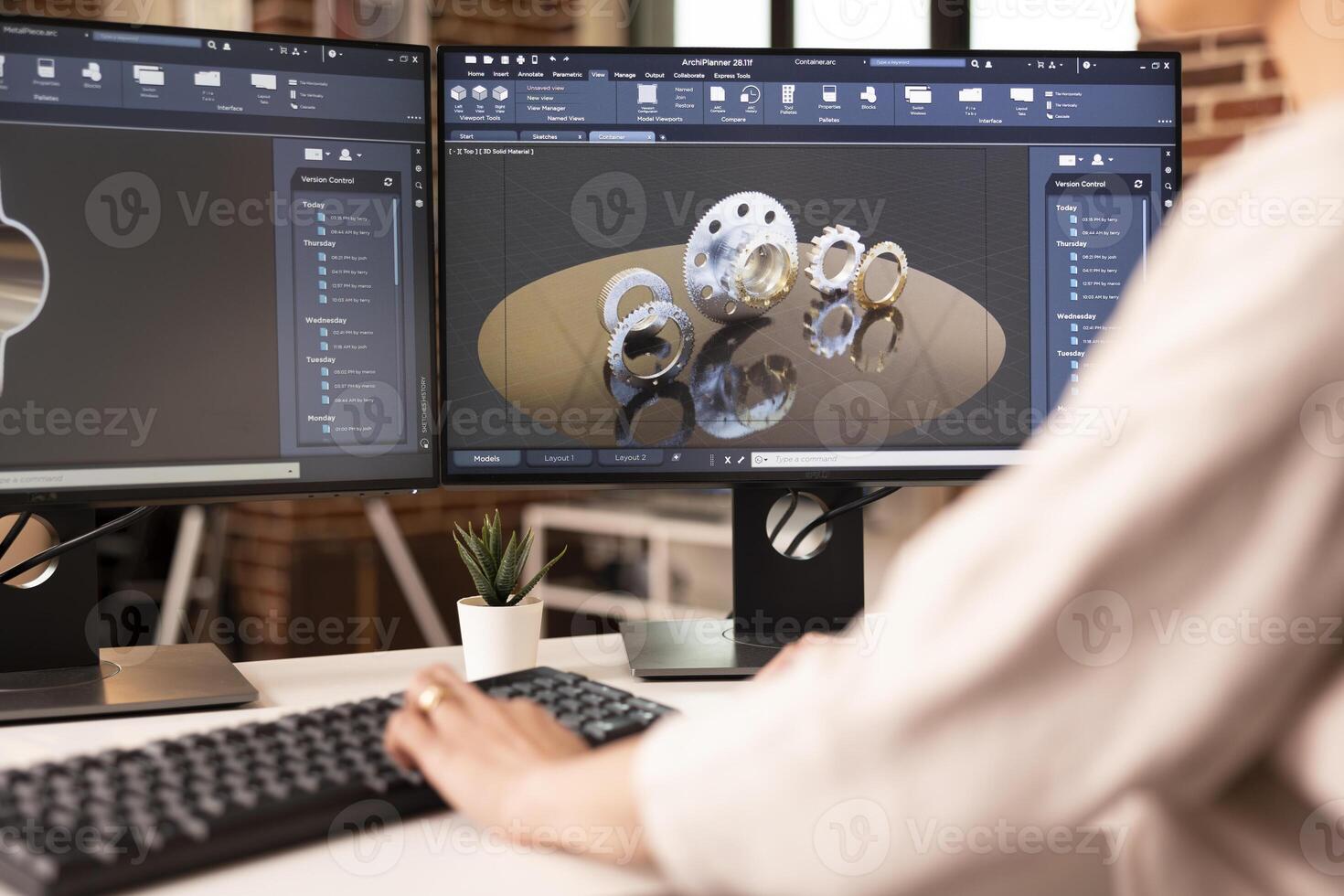 Close up of 3D metal component displayed in CAD software as female engineer focuses on technical planning. Brick wall apartment soft lighting, and structured interface support innovation and accuracy photo