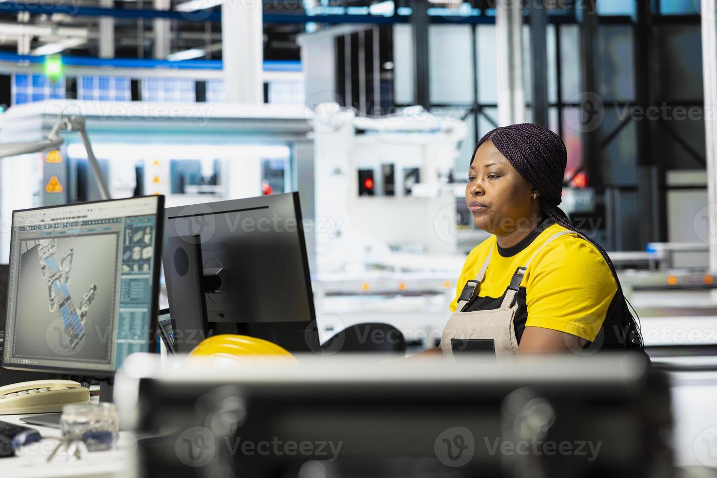 Engineer using computer setup to monitor solar panel plant assembly lines, troubleshooting photovoltaic system to ensure seamless production line. Automation for renewable energy. photo