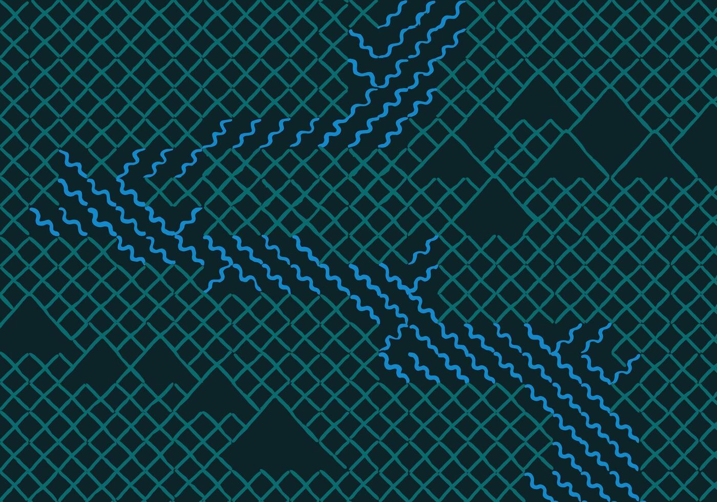 Japanese inspired map pattern with hand drawn brush lines. Abstract lattice grid, flowing river waves, and mountain motifs in dark teal and blue tones. vector
