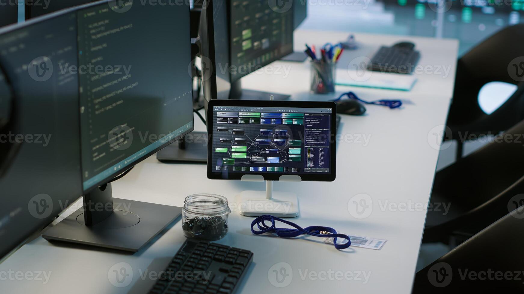 Devices in data center employing machine learning technology to maintain company network infrastructure. Advanced tech used in server hub to ensure optimal system performance, handheld camera shot photo