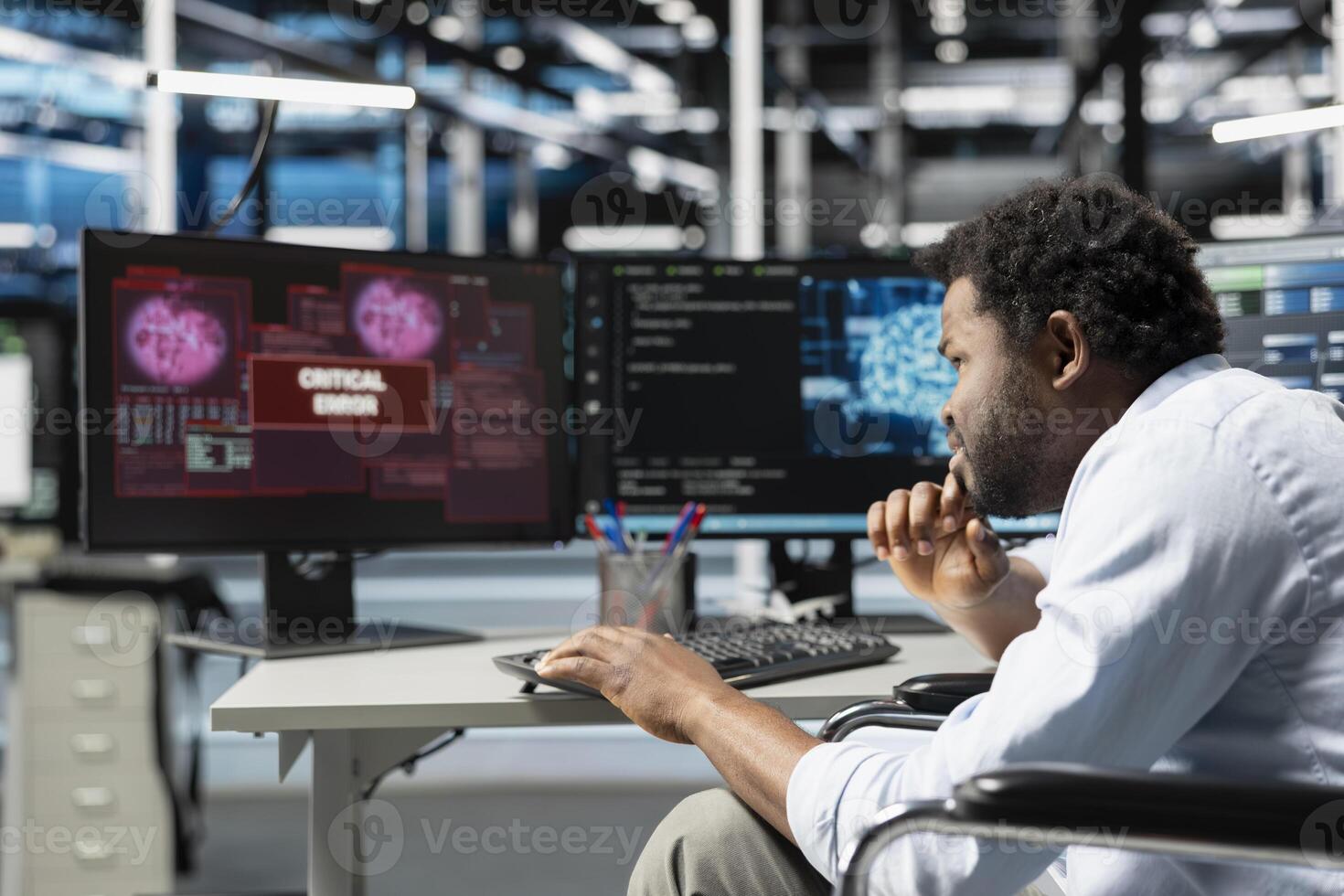 Data center admin troubled by error popup received while using artificial intelligence neural networks. Server room worker confused by glitch warning message while using AI to configure hardware photo