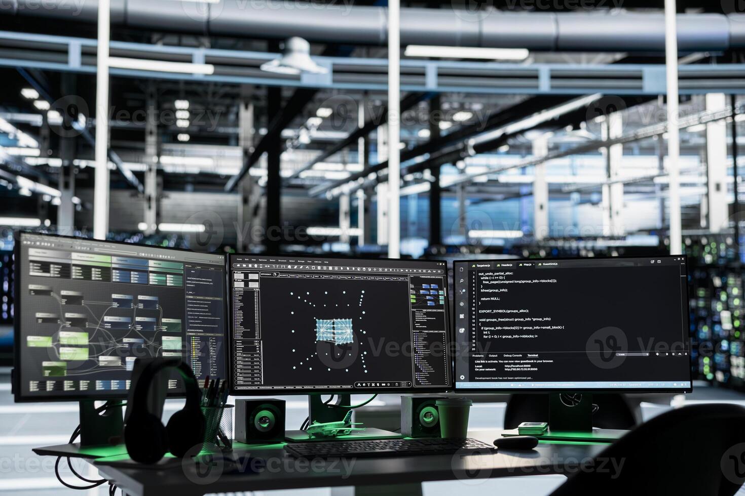 Close up of computers in data center controlling network resources. Hardware in high tech server room delivering immense computing power, capable of processing and storing vast amounts of data photo