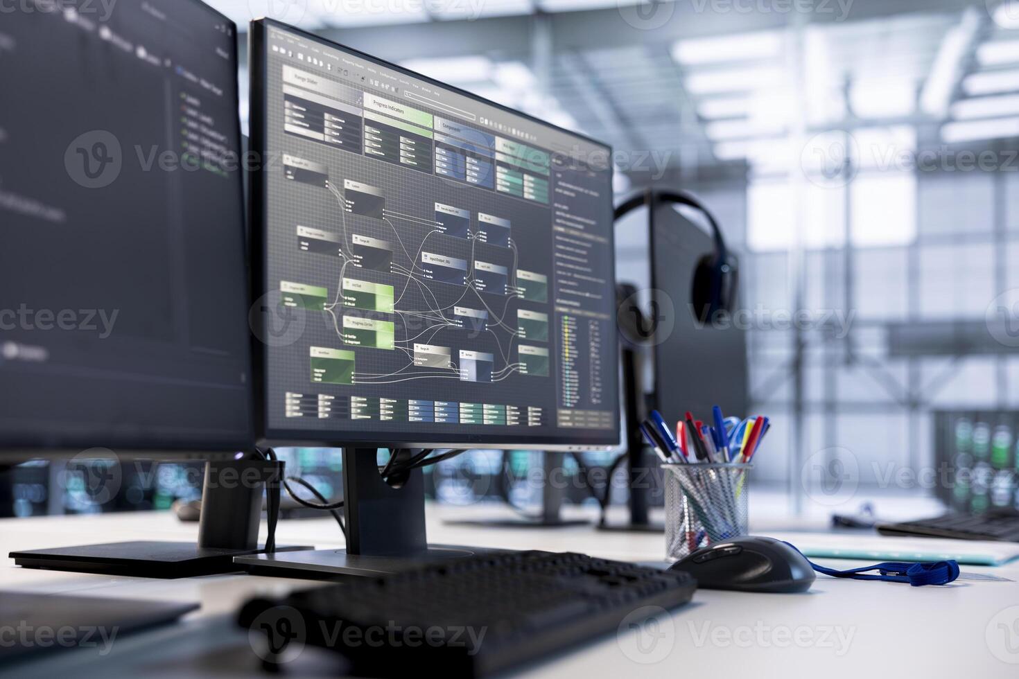Computers in data center providing computing resources needed for artificial intelligence to process massive datasets for training. PCs in server room storing data used for machine learning photo