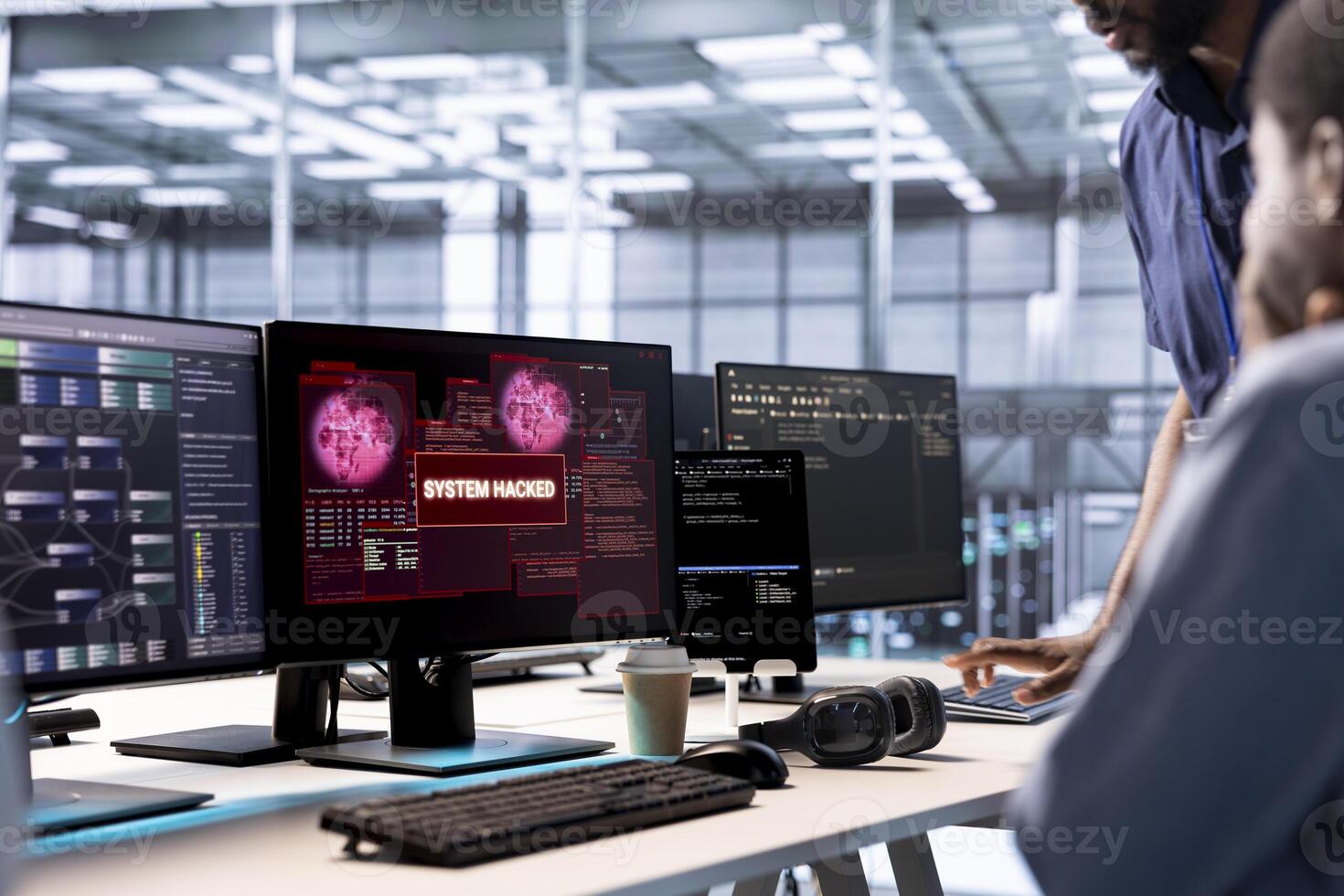 Admin in server hub establishment frightened by hacker passing firewall and stealing data. Security breach notification on monitor in data center making IT expert panic, requesting help photo