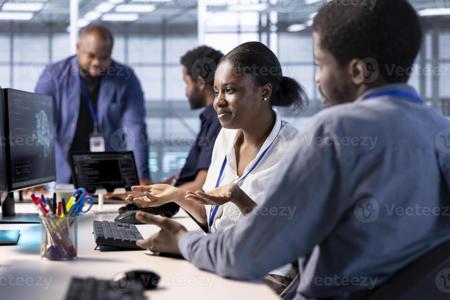 Data center admin shrugging shoulders, lacking sufficient knowledge to properly construct algorithms and build applications. Clueless server hub worker failing to debug and optimize code photo