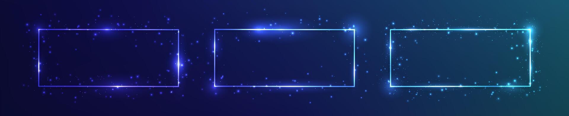 Set of three neon rectangular frames with shining effects and sparkles on dark blue background. Empty glowing techno backdrop. illustration vector