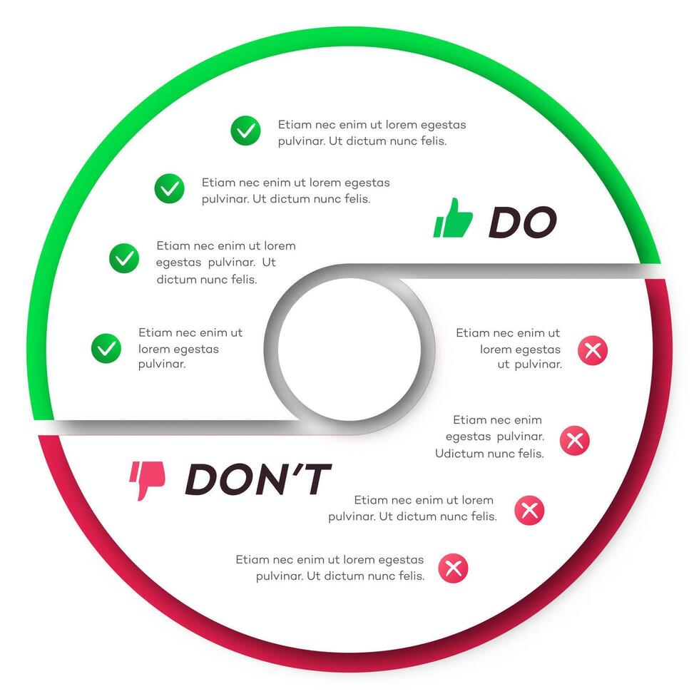 Circle chart infographic template do dont modern style for presentation, start up project, business strategy, theory basic operation, logic analysis. Venn diagram vector