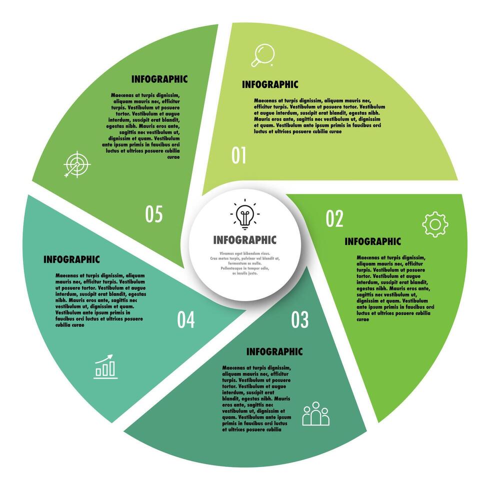 Circle chart infographic template with 5 options modern style for presentation, start up project, business strategy, theory basic operation, logic analysis. Venn diagram vector