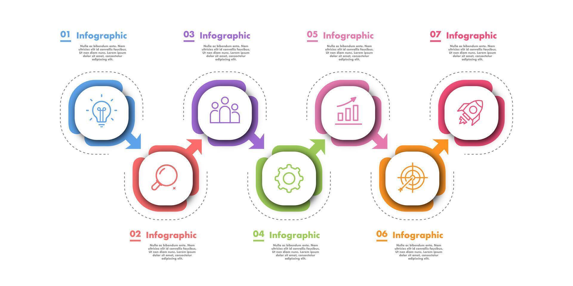 Timeline 7 steps infographic progress modern color style for presentation, start up project, business strategy, theory basic operation, logic analysis vector