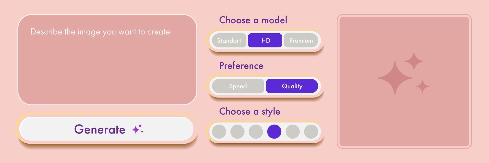 Generate AI image user interface with tools, button, window for promt text pink color. Artificial intelligence buttons trendy neumorphic for ui ux element, app, website. design element vector