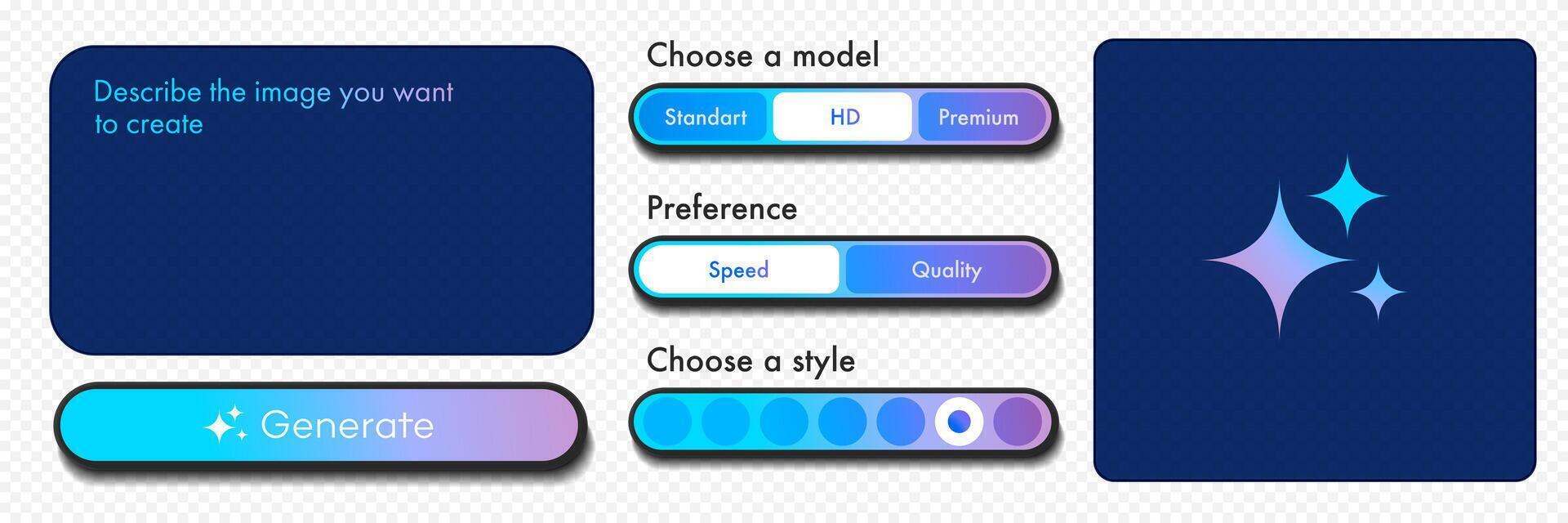 Generate AI image user interface with tools, window for promt text trendy style. Artificial intelligence buttons trendy neumorphic for ui ux element, app, website vector