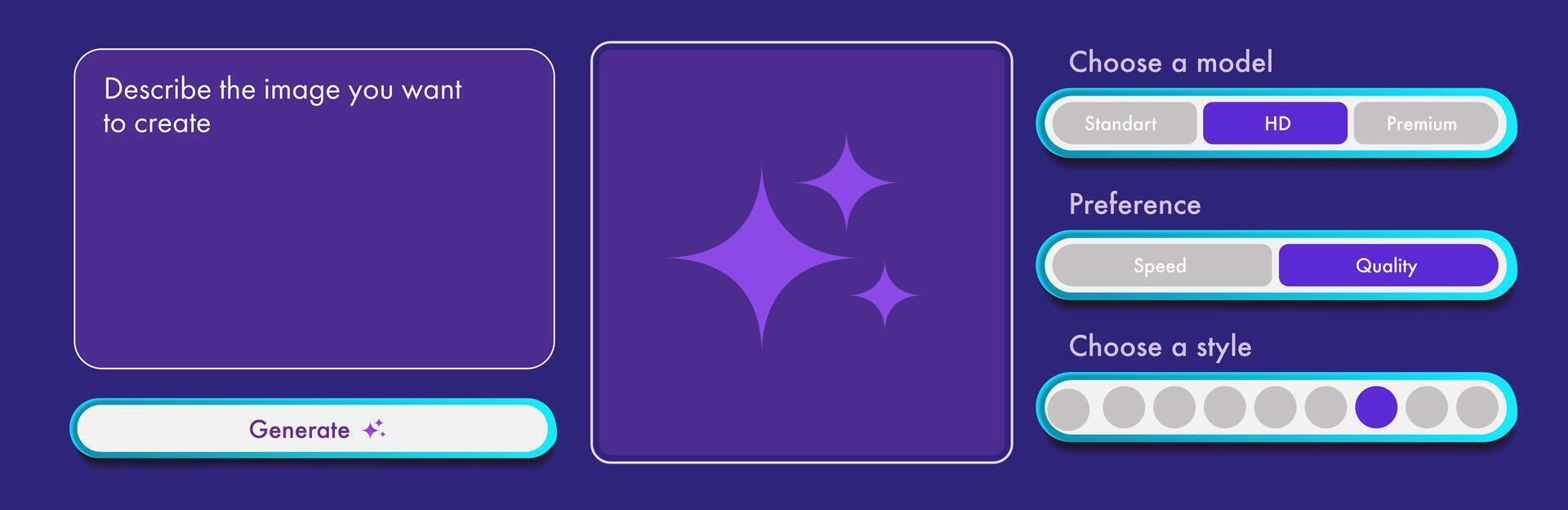 Generate AI image user interface with tools, button, window for promt text trendy style. Artificial intelligence buttons trendy neumorphic for ui ux element, app, website vector