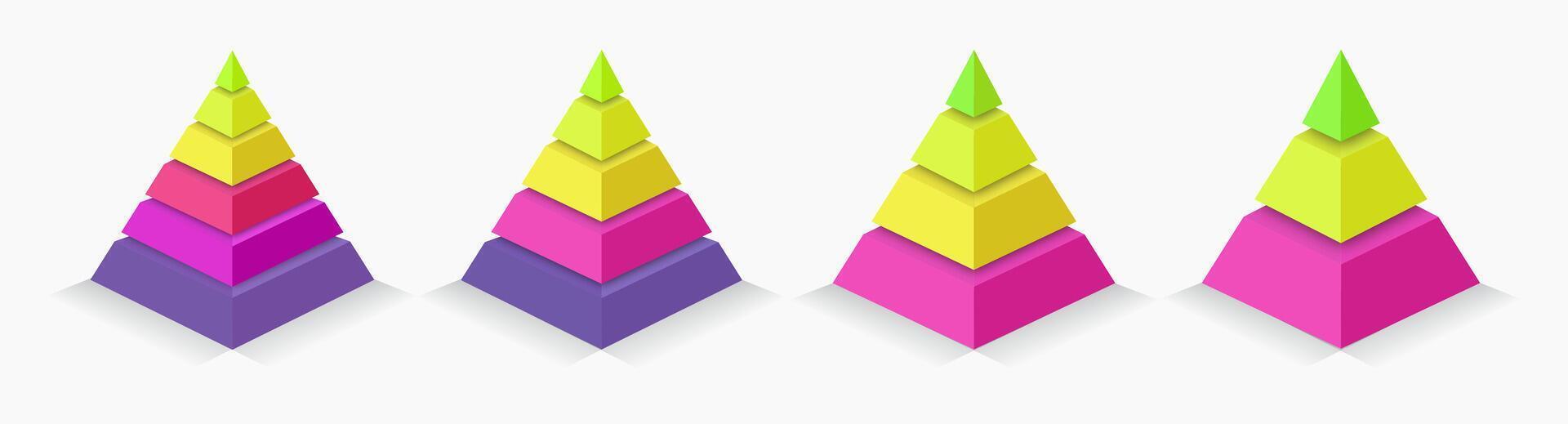 Pyramid infographic set 3d trendy style for presentation, start up project, business strategy, theory basic operation, logic analysis vector