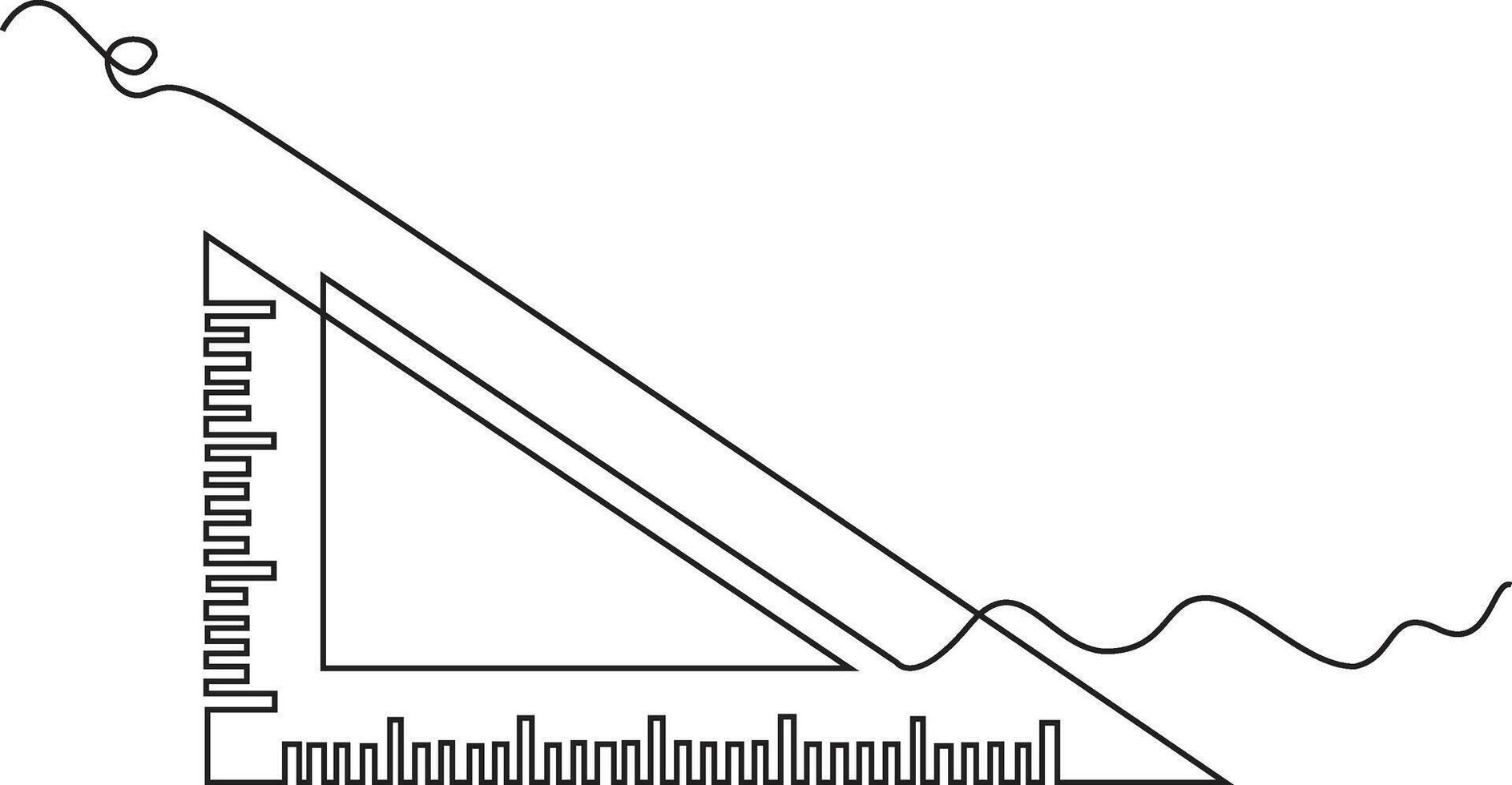 A minimalist continuous line drawing depicting a geometric set square ruler with measurement markings, flowing into a wavy line on a white background. vector