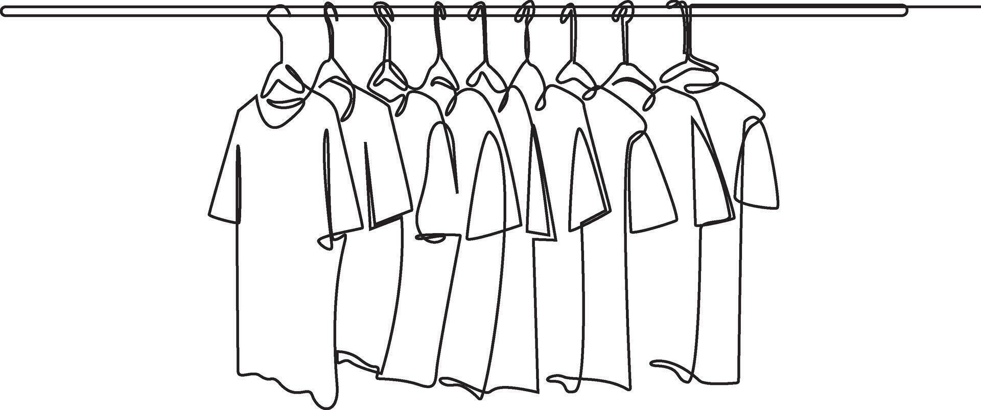 A minimalist line art drawing depicts a row of t-shirts hanging on a clothes rack, each shirt rendered with a single continuous line. vector