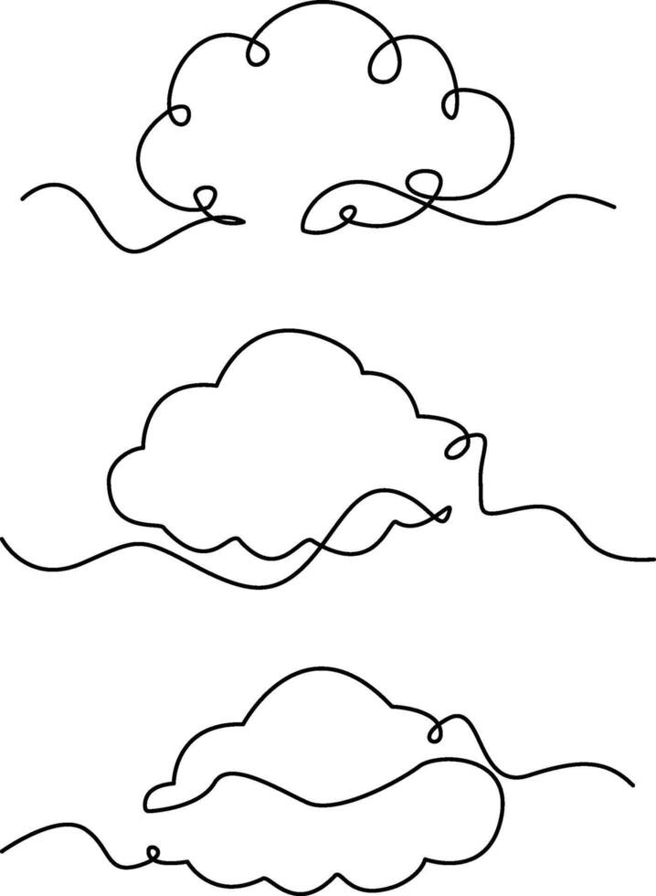 Three minimalist clouds are depicted using continuous single-line art, showcasing a simple and elegant design. vector