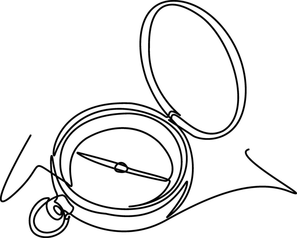 A compass is drawn with a single continuous line, with the lid open, and a line drawn around it. vector
