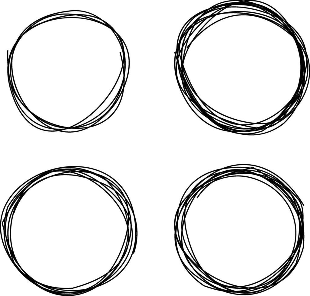 Hand drawn irregular circle sketches set of 4 doodle frames abstract round borders simple artistic line art illustrations decorative design elements. vector