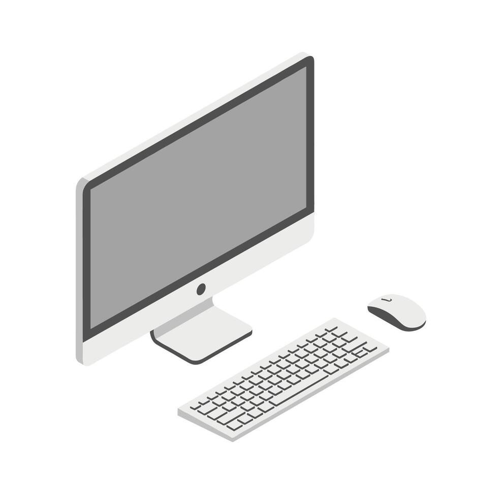 Isometric illustration of a computer setup with a monitor keyboard and mouse on a white background vector