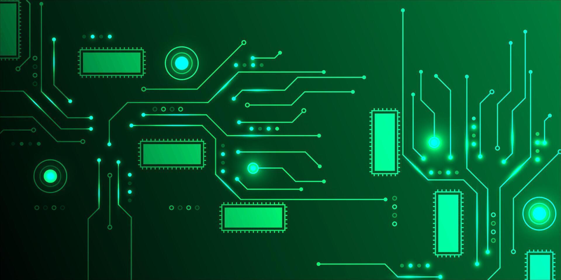 Glowing Green Circuit Board Design with Integrated Components and Traces. vector