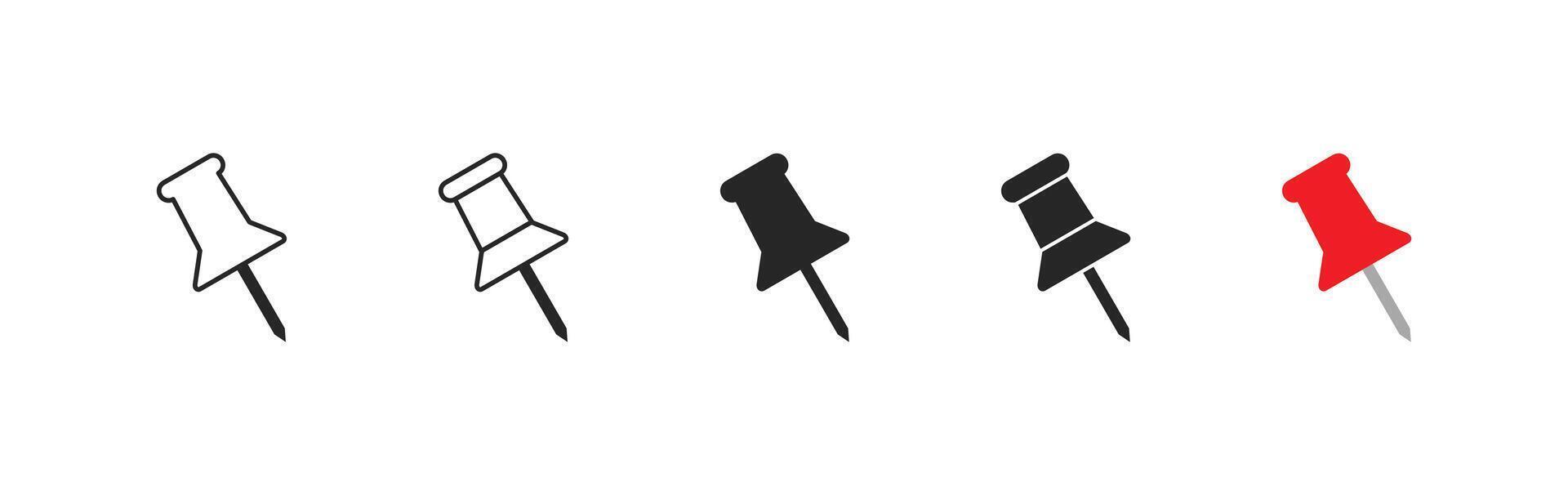 Collection of push pin icons in black, red, and outline styles. Represents markers, reminders, notes, office stationery, and location points for maps and schedules. vector
