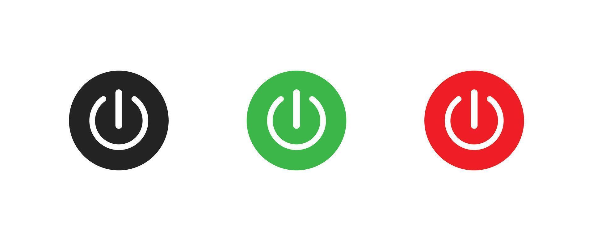 A set of power button icons displayed in black, green, and red. These symbols represent on and off functions, widely used in technology, electronics, and digital interface designs. vector