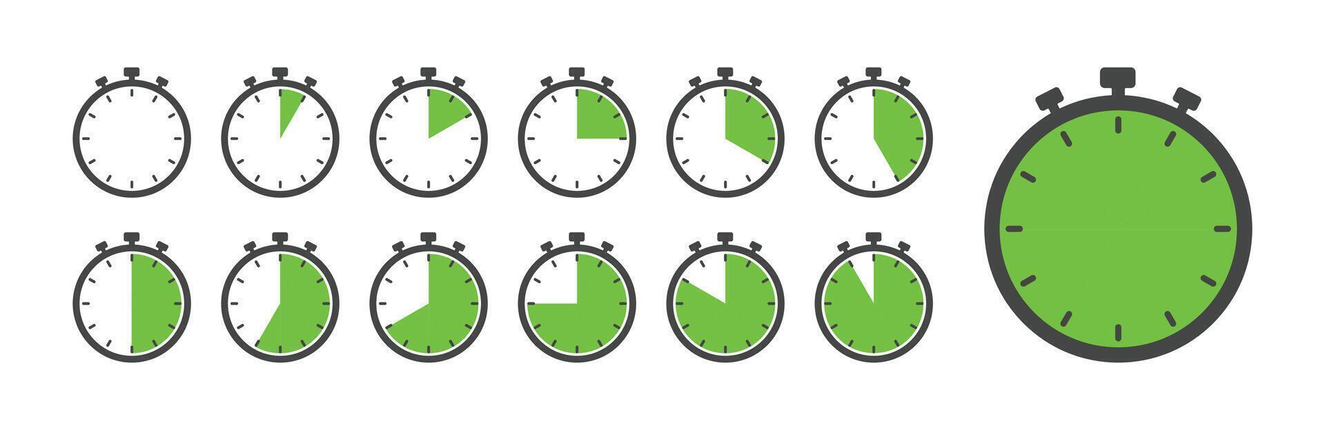 Stopwatch icons with green segments representing time progress. The icons show varying amounts of green to indicate elapsed time, making it ideal for tasks, intervals, or countdowns. vector