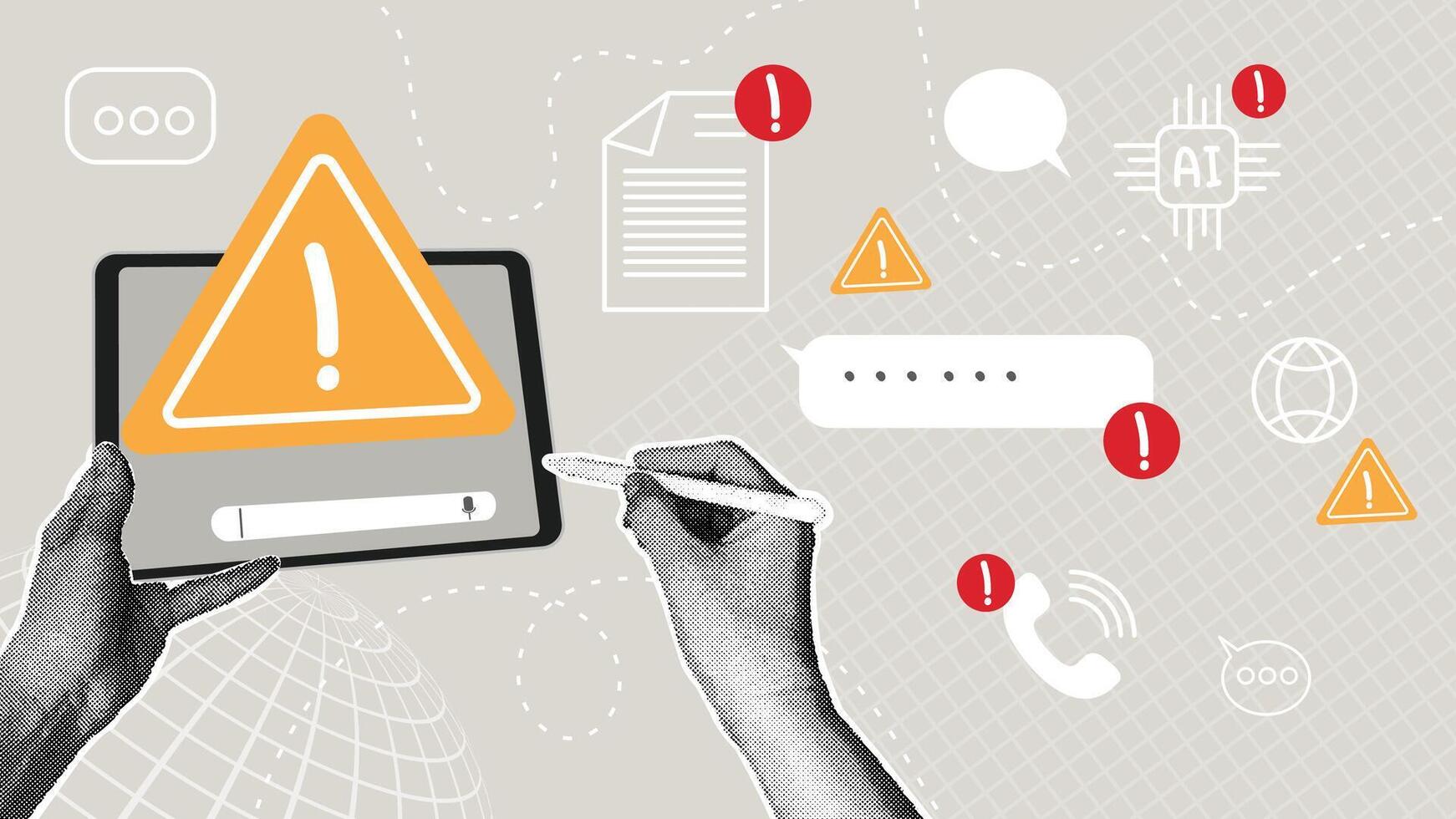 Trendy halftone collage.Digital threat alert modern technologies and information security. Concepts of data leaks, hacking attempts, malware risks, and online security. vector