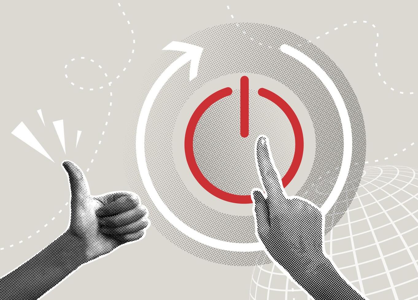 A trendy halftone collage. Activating the power button, rebooting. Concept rebooting a business, starting a new path, changing the concept to improve results. illustration vector