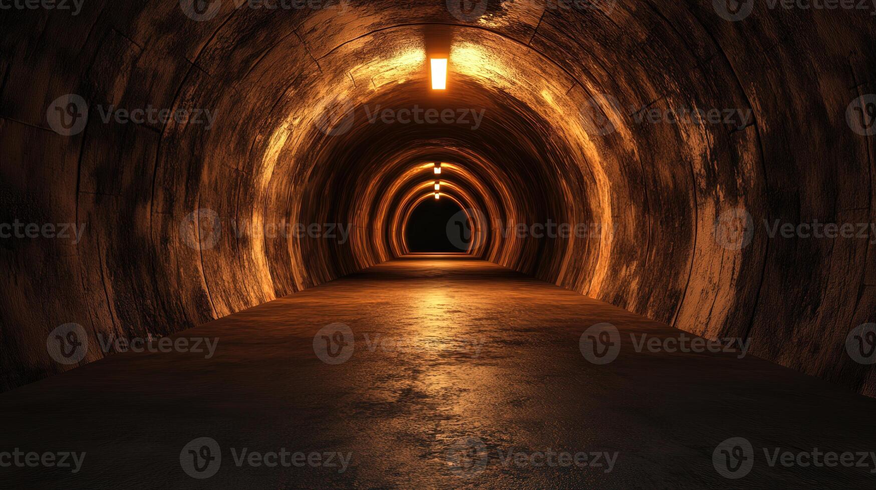 A long tunnel with a light at the end. The tunnel is dark and empty photo