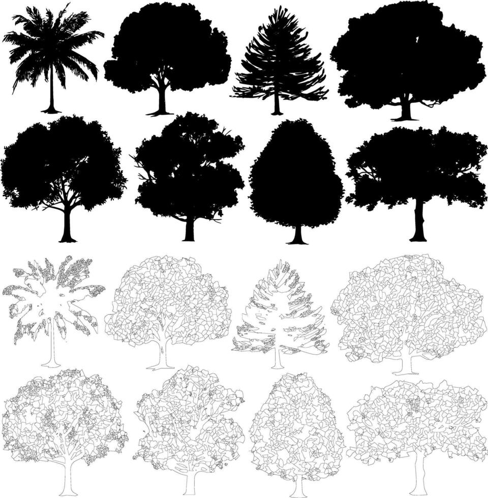 A set of various tree silhouettes and matching detailed line art outlines, ideal for use in architectural and landscape elevation drawings. vector