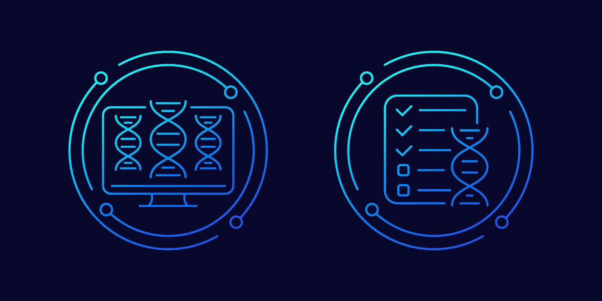 bioinformatics icons, analysis of genetic data and dna, linear design vector